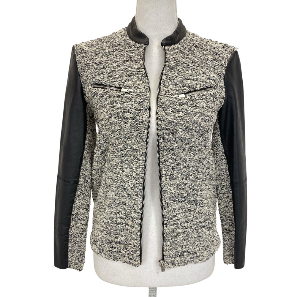 Maje Leather and Tweed Jacket Small Black/White